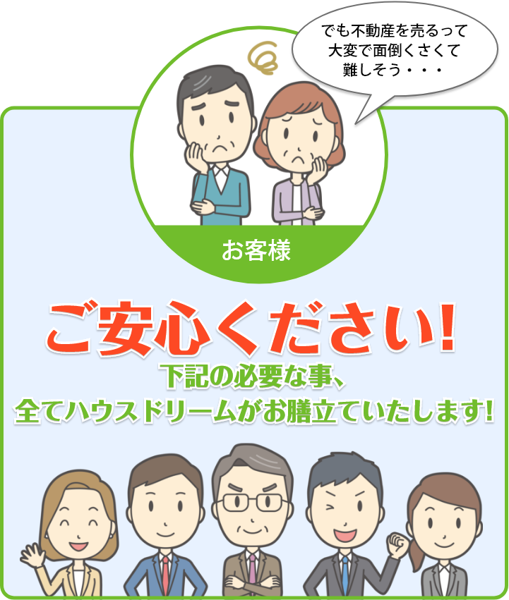 ご安心ください！必要な事、全てハウスドリームがお膳立ていたします！